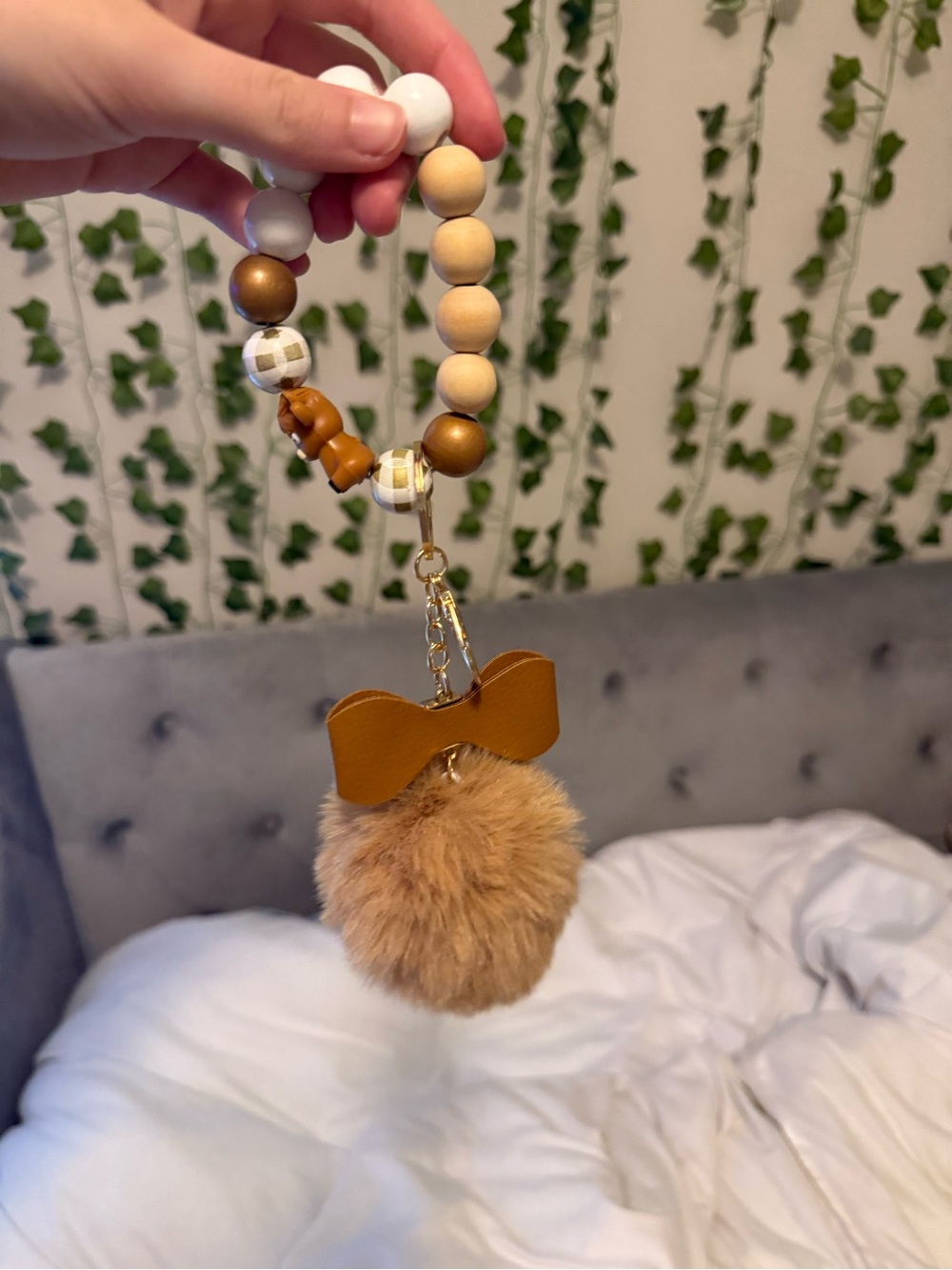 Amazon Brown and White Beaded Pom Pom Keychain Wristlet